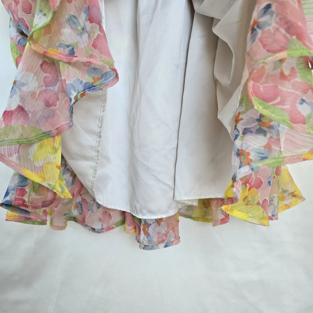 Ralph Lauren Girls Pink Yellow Floral Short Sleeve Ruffled Chiffon Dress Sz 7‎